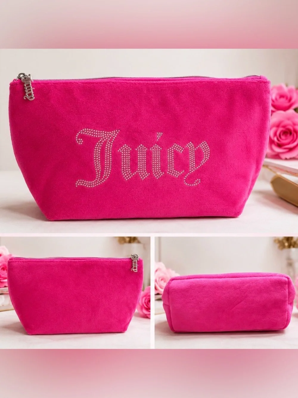 💖 Juicy Couture Pink Velour Cosmetic Makeup Bag Rhinestone Logo 💖
